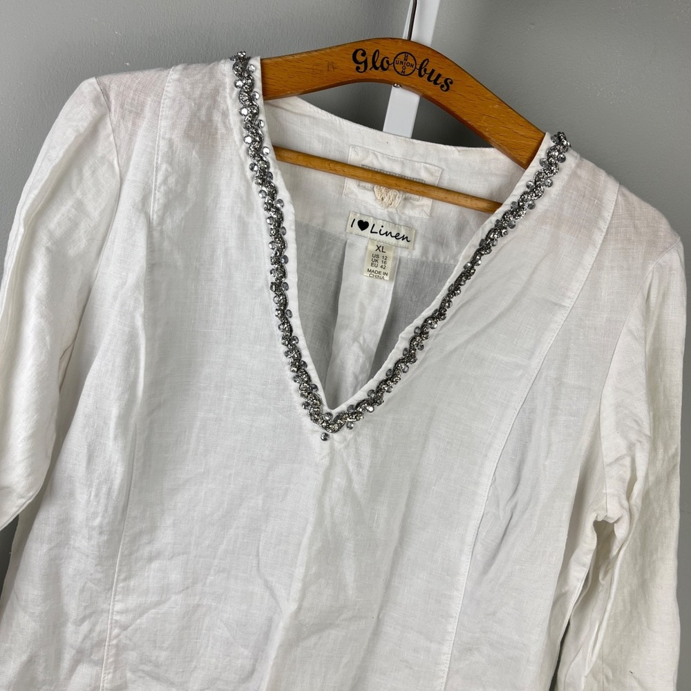 Malvin I Love Linen White Tunic Top Womens XL Jeweled Neckline Coastal Chic